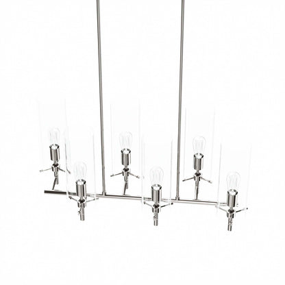 Polished nickel chandelier with six clear filament bulbs on a horizontal bar, modern industrial style.
