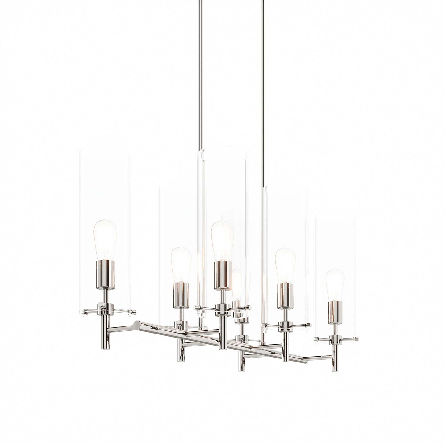 Polished nickel chandelier with multiple arms and clear glass cylinder shades around exposed bulbs.