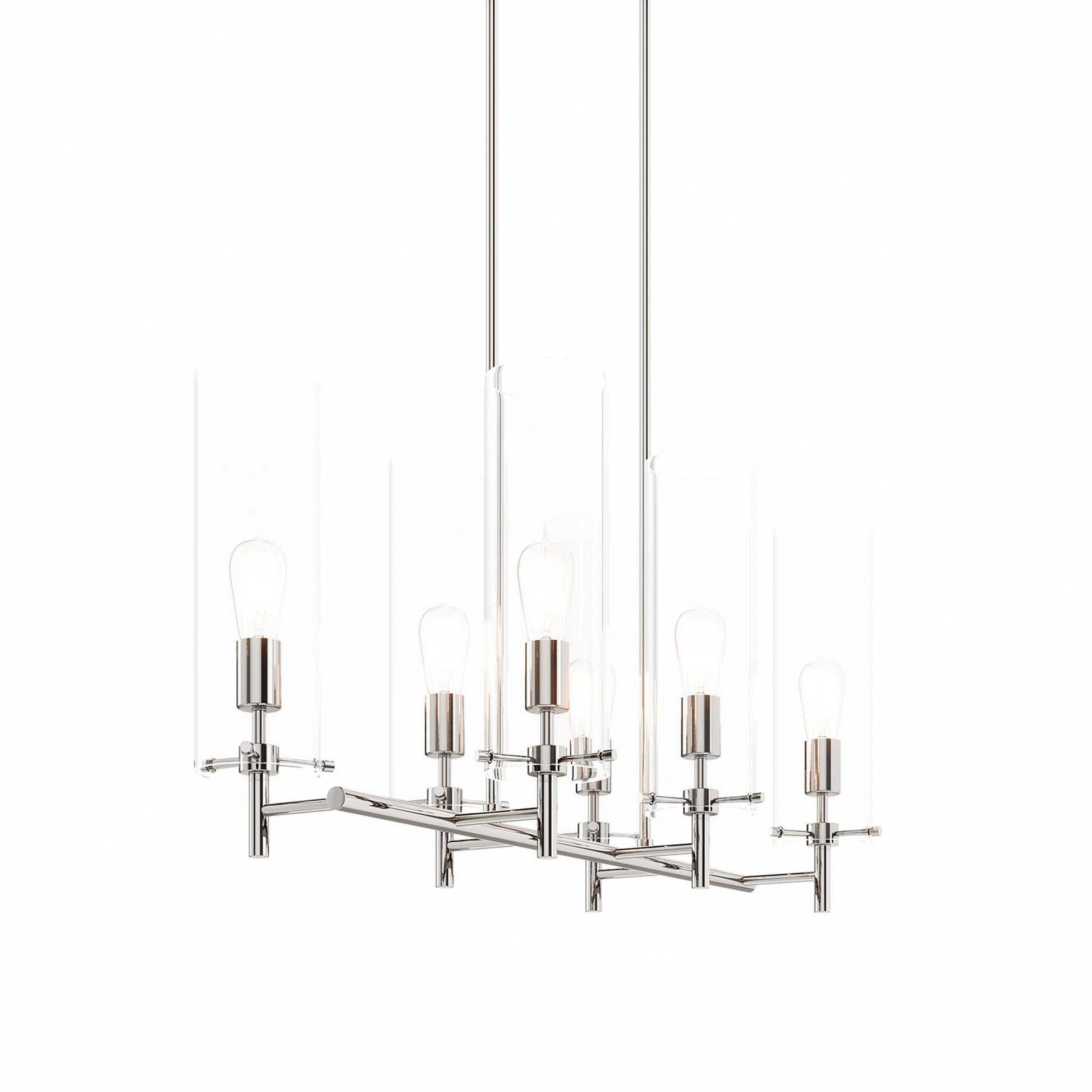 Polished nickel chandelier with multiple arms and clear glass cylinder shades around exposed bulbs.