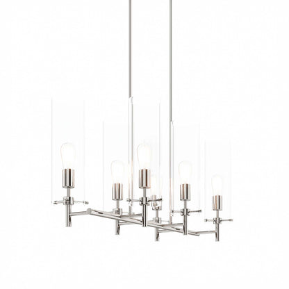 Polished nickel chandelier with multiple arms and clear glass cylinder shades around exposed bulbs.