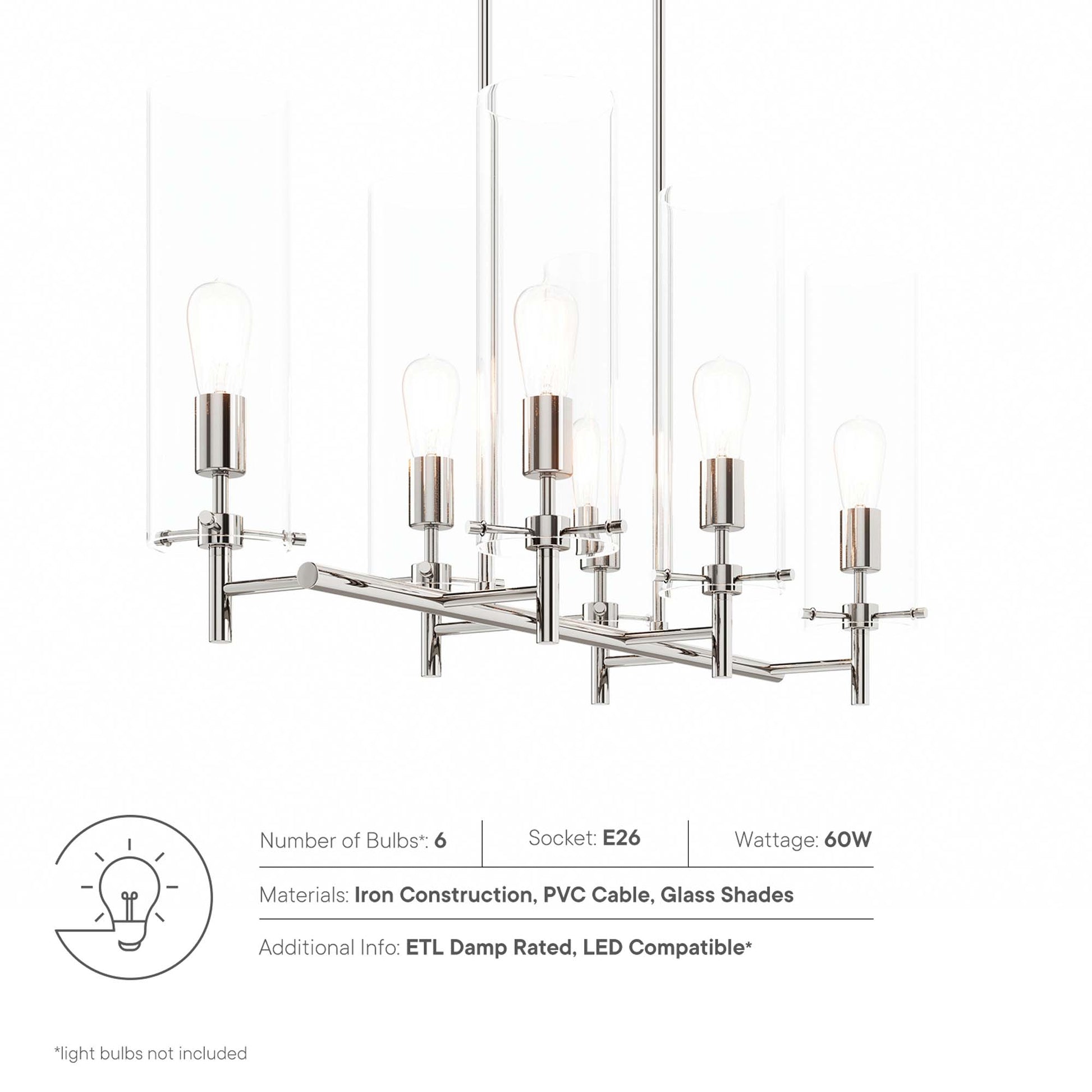 Six-light polished nickel chandelier with clear glass shades and Edison-style bulbs; modern industrial pendant.