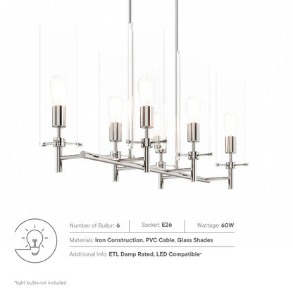 Six-light polished nickel chandelier with clear glass shades and Edison-style bulbs; modern industrial pendant.