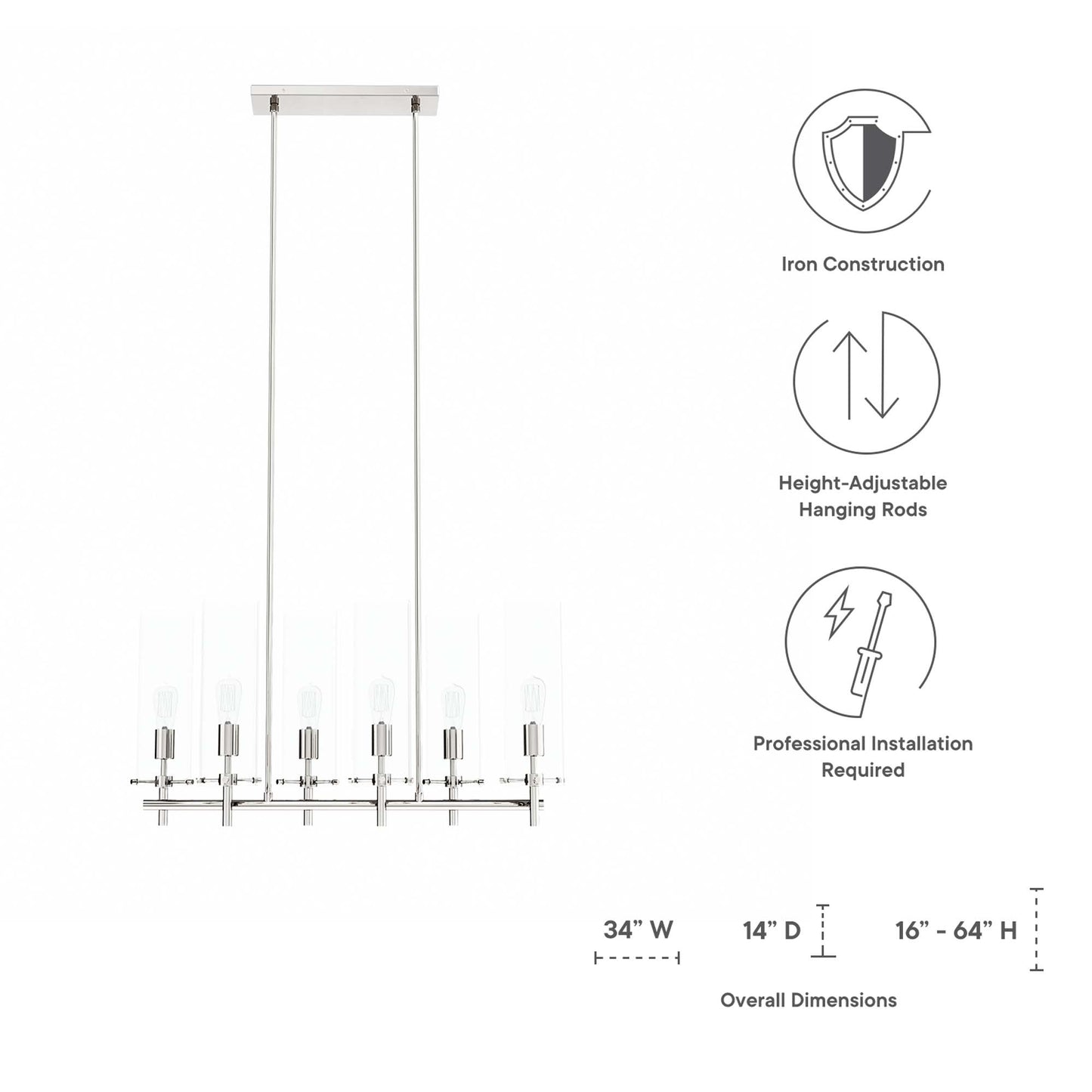 Linear pendant chandelier with clear glass cylinders on a metal frame; height-adjustable hanging rods, 34W x 14D x 16-64H.