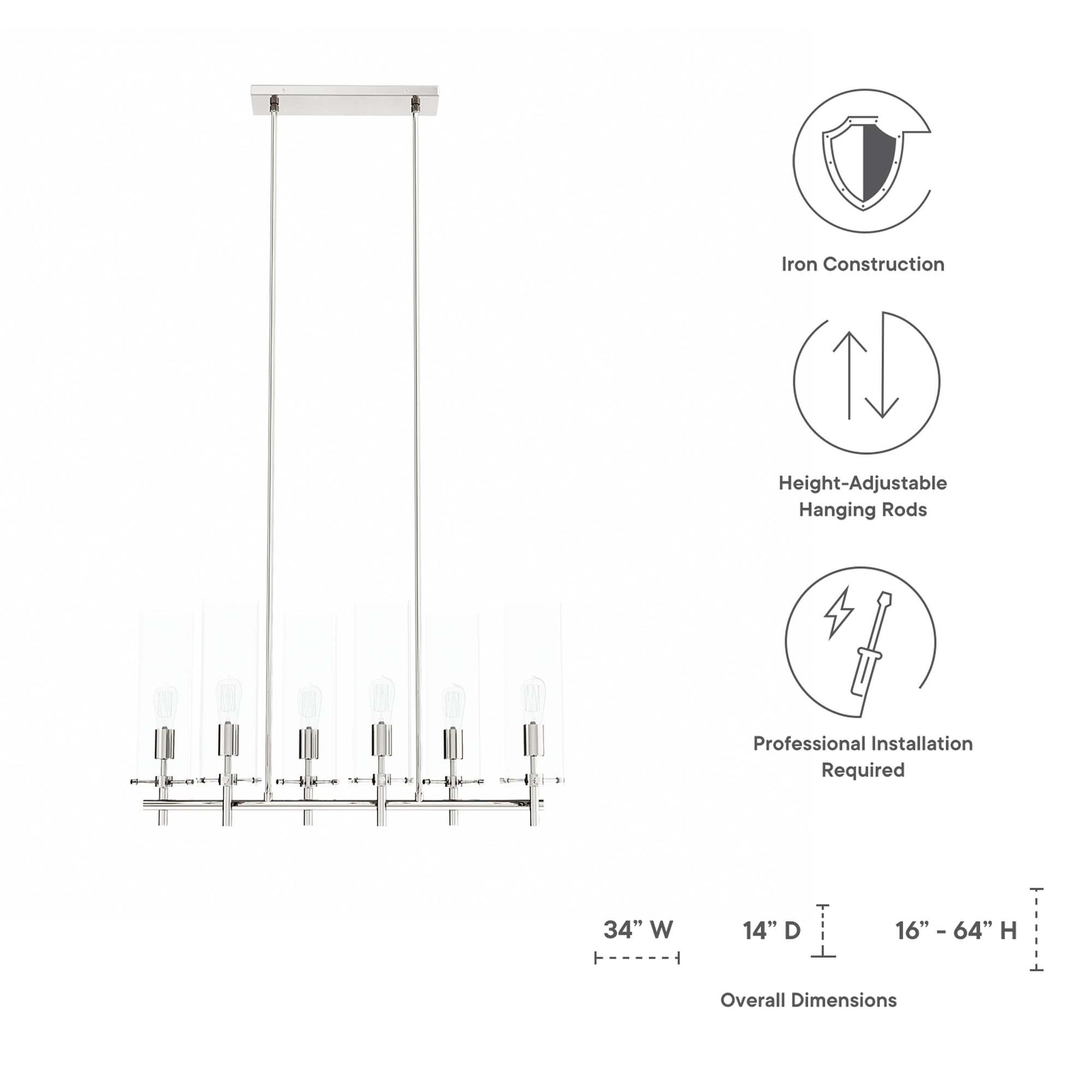 Linear pendant chandelier with clear glass cylinders on a metal frame; height-adjustable hanging rods, 34W x 14D x 16-64H.