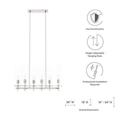 Linear pendant chandelier with clear glass cylinders on a metal frame; height-adjustable hanging rods, 34W x 14D x 16-64H.