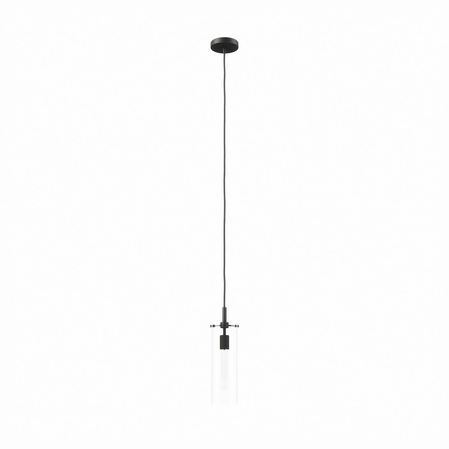 Black pendant light with long cord and clear glass cylindrical shade, Edison bulb.