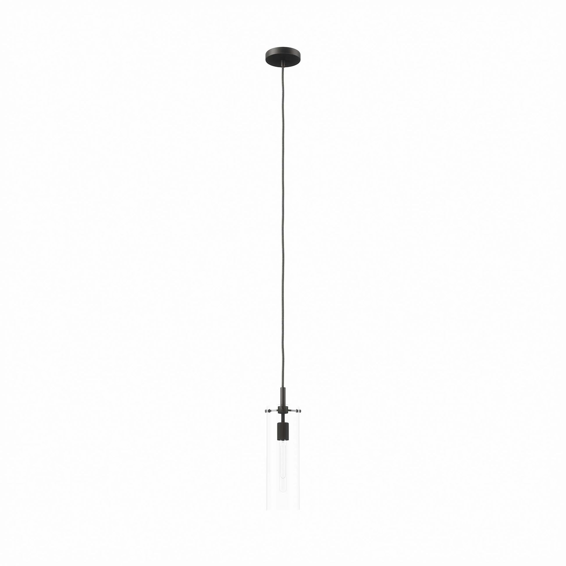 Black pendant light with long cord and clear glass cylindrical shade, Edison bulb.