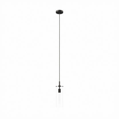 Black pendant light with long cord and clear glass cylindrical shade, Edison bulb.