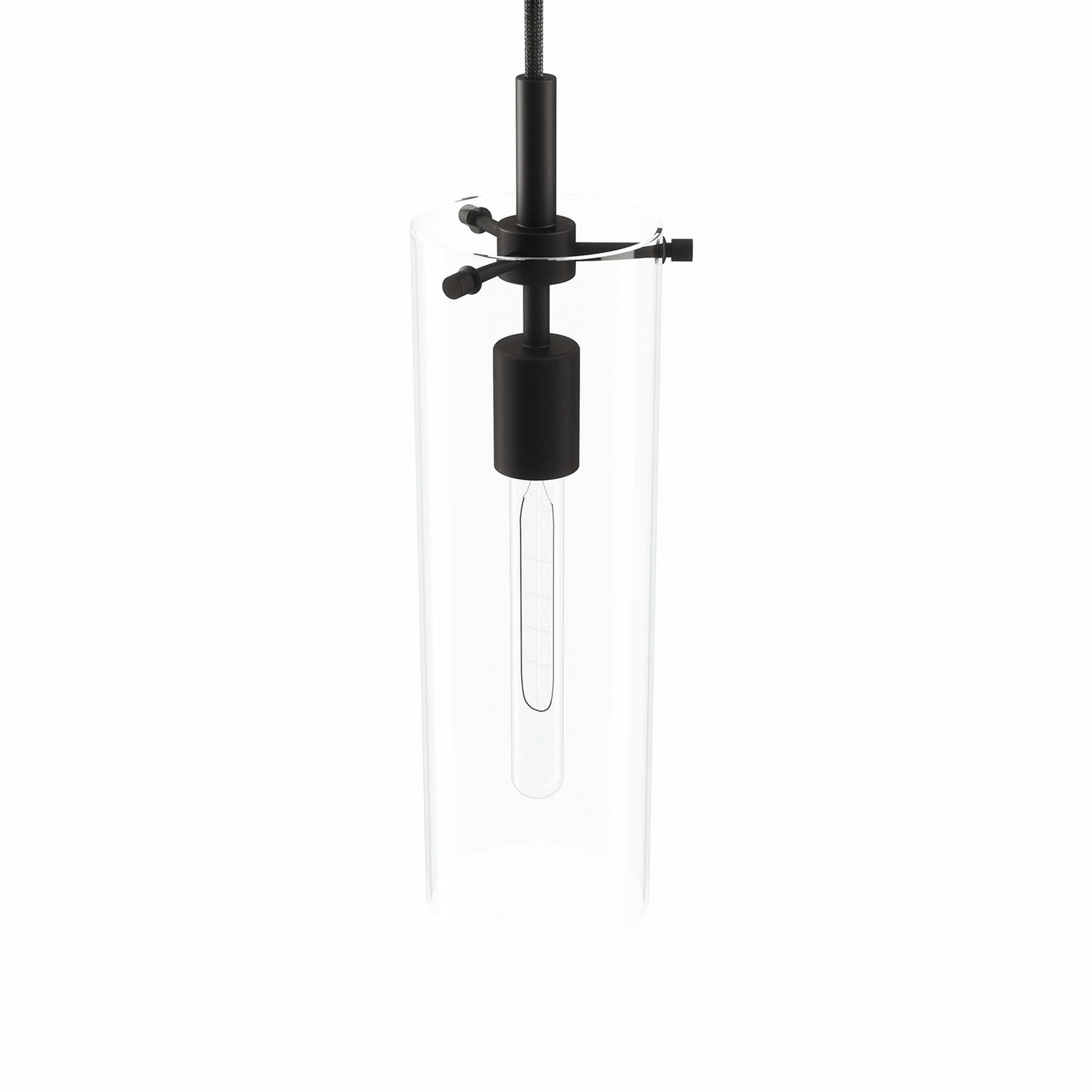 Clear glass tube pendant with black hardware and long tubular bulb, modern industrial lighting.