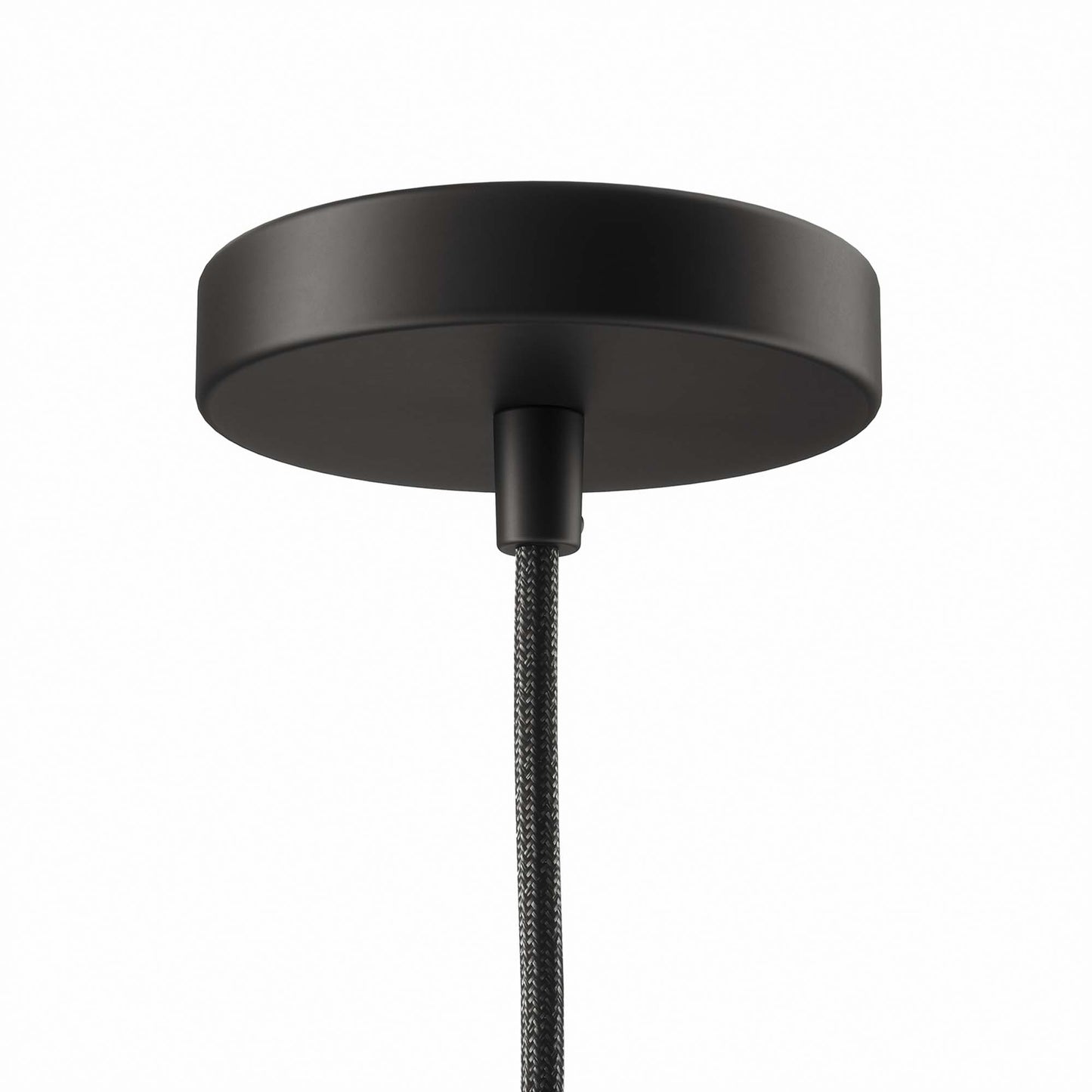 Black round ceiling canopy with a braided black cord pendant light.