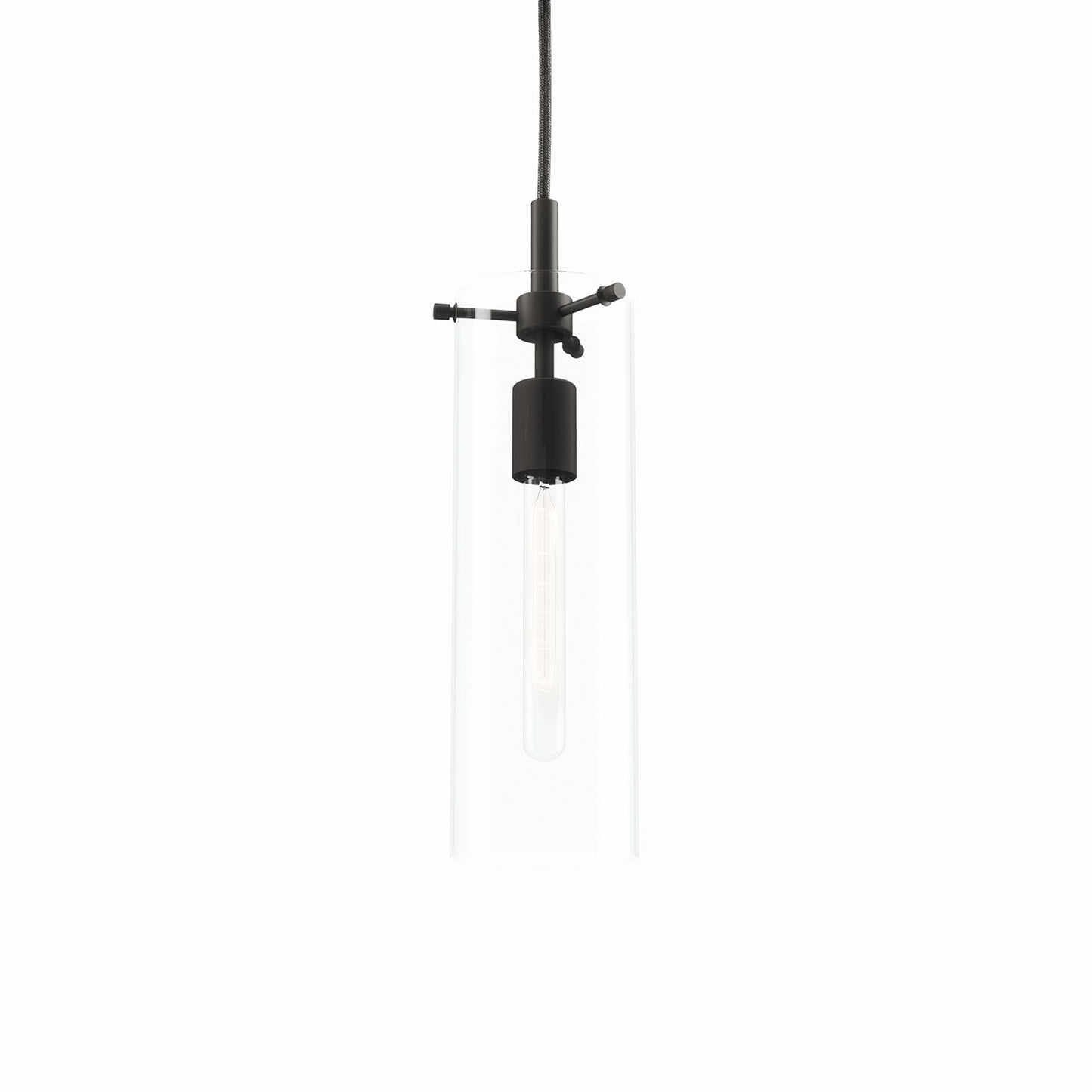 Clear glass cylinder pendant with black metal hardware & exposed Edison bulb.