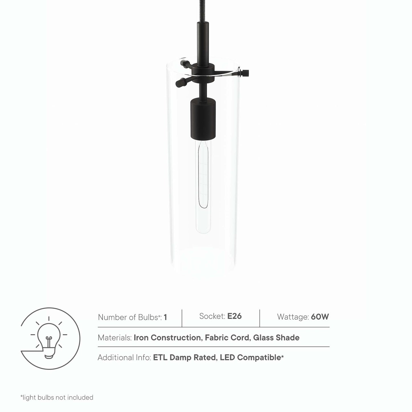 Clear glass cylindrical pendant with black metal hardware and fabric cord, vintage Edison bulb.