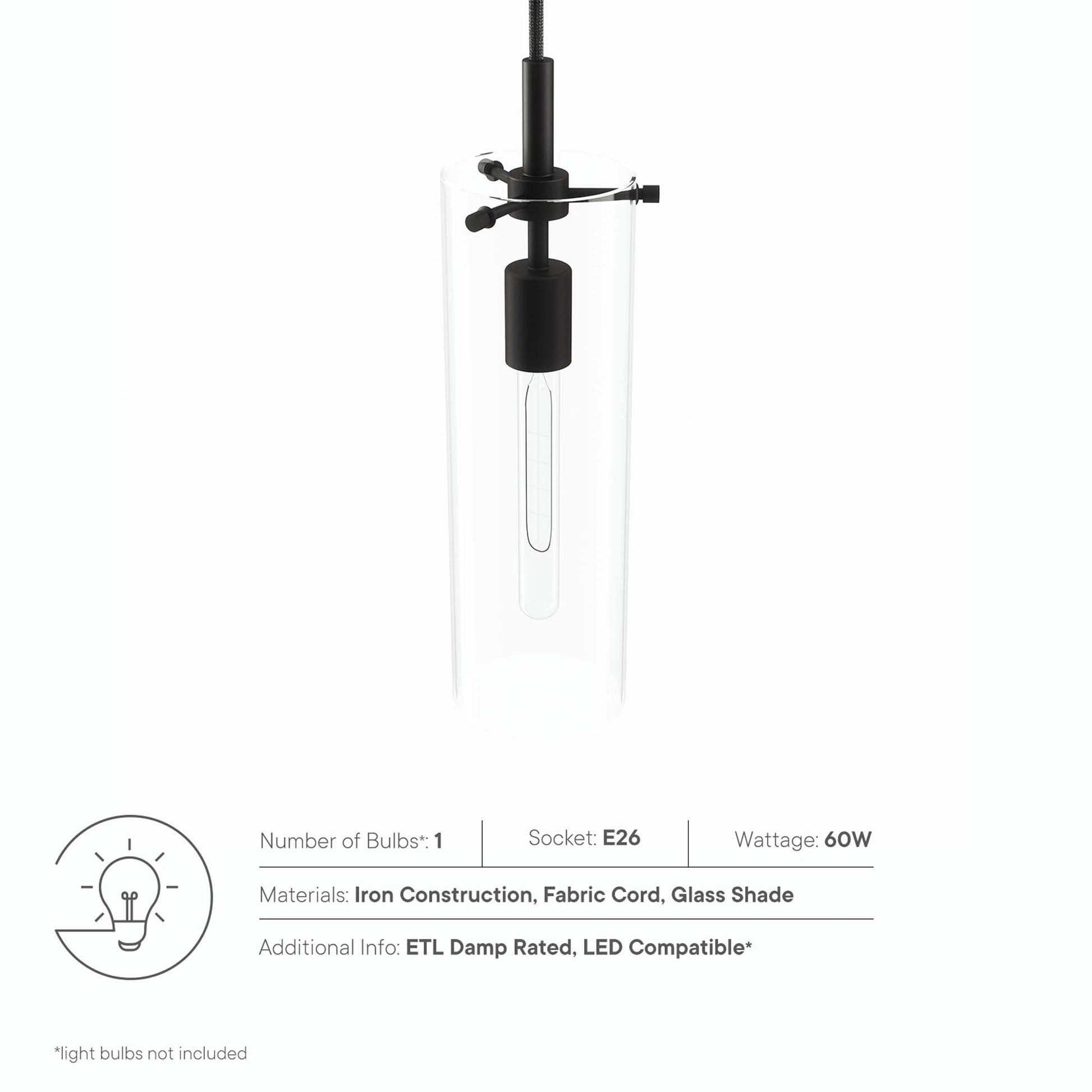 Clear glass cylindrical pendant with black metal hardware and fabric cord, vintage Edison bulb.