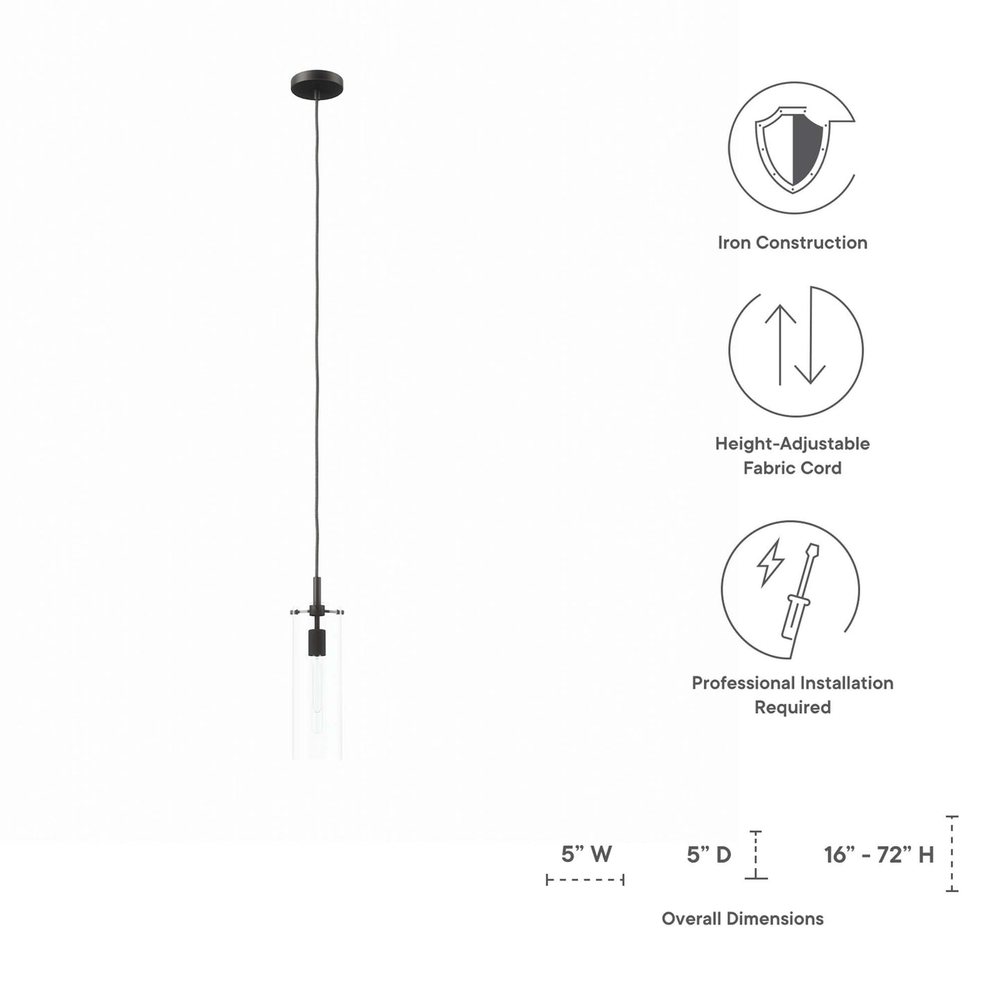 Clear glass pendant light with black hardware and adjustable fabric cord, 16-72 in height, 5 in wide.