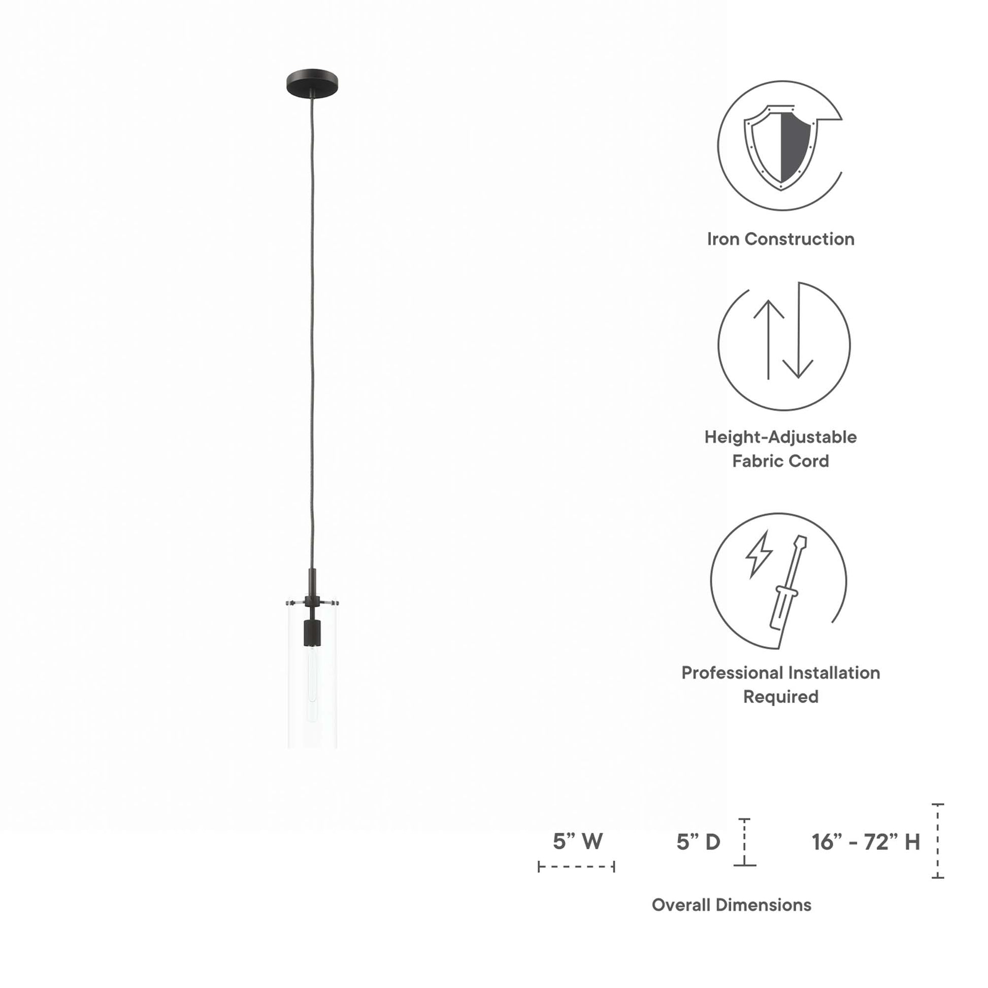 Clear glass pendant light with black hardware and adjustable fabric cord, 16-72 in height, 5 in wide.