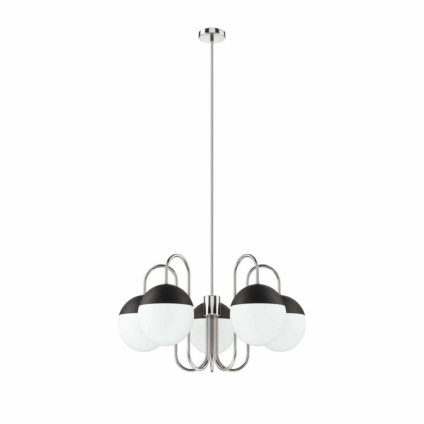 Polished nickel ceiling pendant chandelier with five glass globes on curved metal arms.