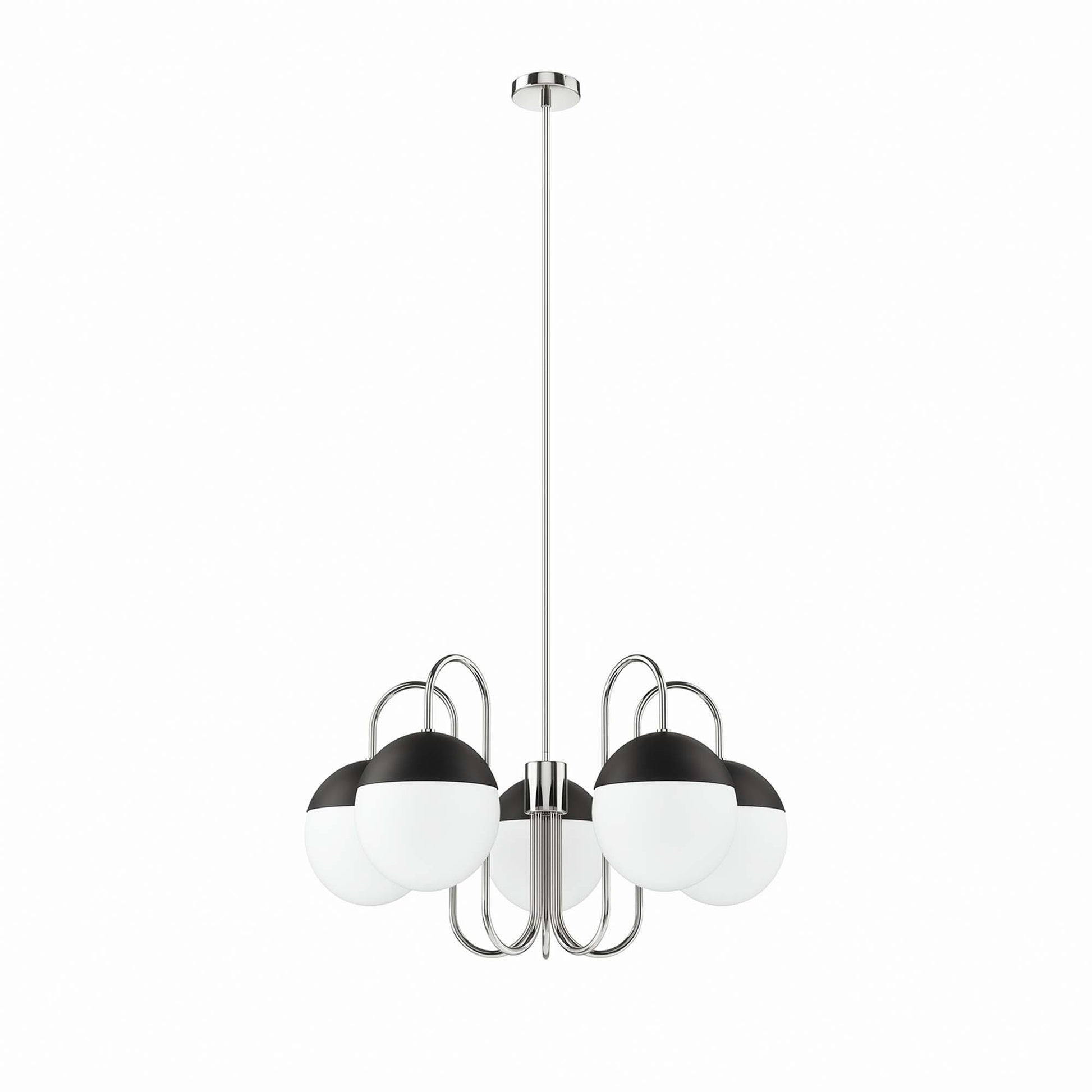 Polished nickel ceiling pendant chandelier with five glass globes on curved metal arms.