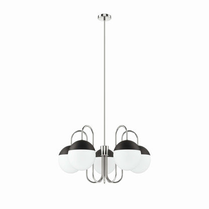 Polished nickel ceiling pendant chandelier with five glass globes on curved metal arms.