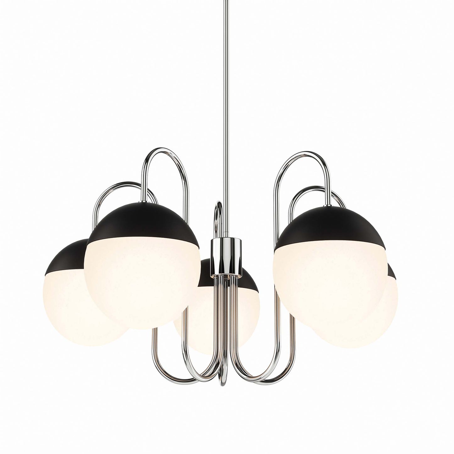 Polished nickel 5-light chandelier with opal glass globes and looping metal arms; mid-century modern style.