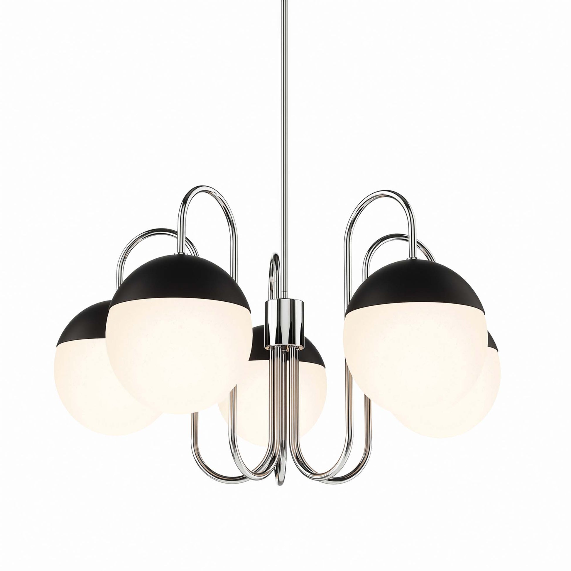 Polished nickel 5-light chandelier with opal glass globes and looping metal arms; mid-century modern style.