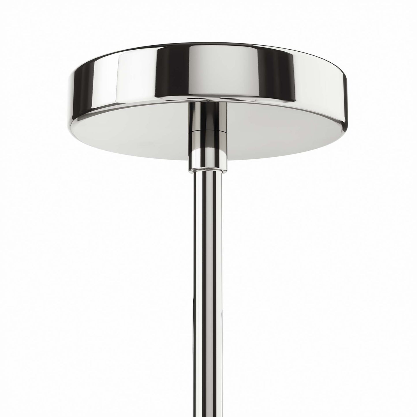Polished nickel 5-light chandelier with round disc canopy and slim vertical stem.
