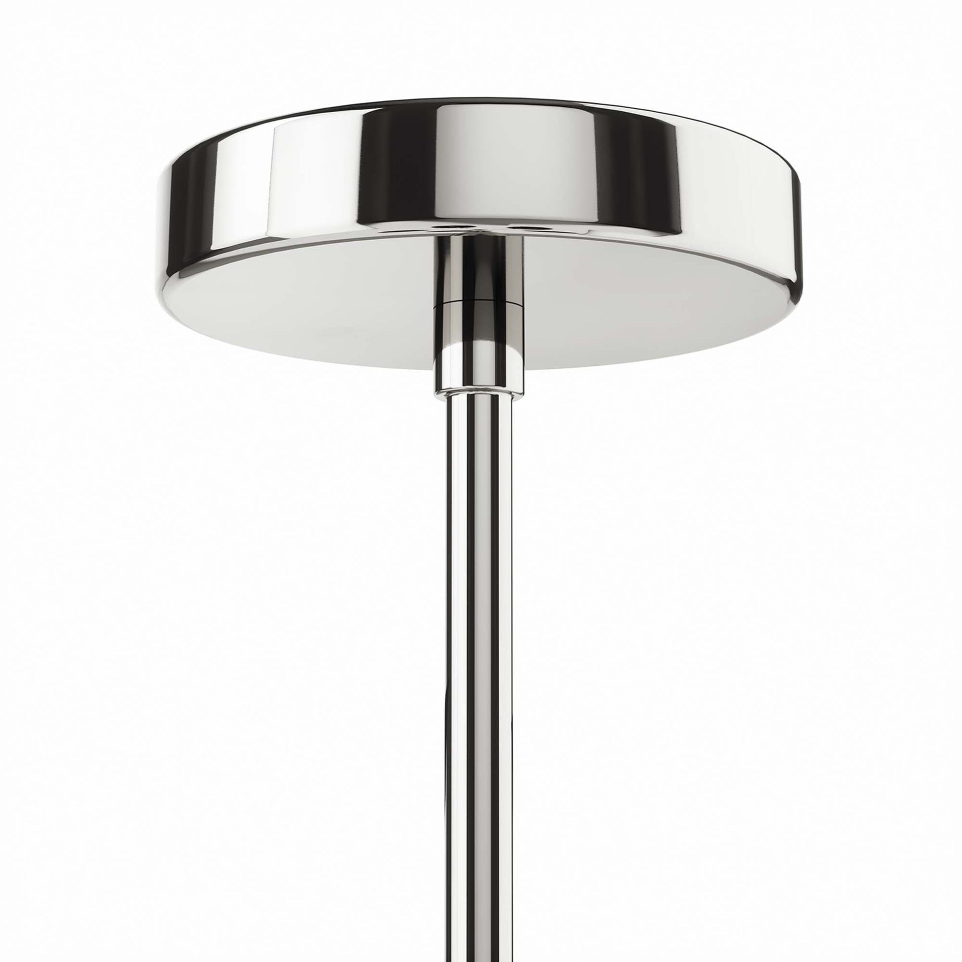 Polished nickel 5-light chandelier with round disc canopy and slim vertical stem.
