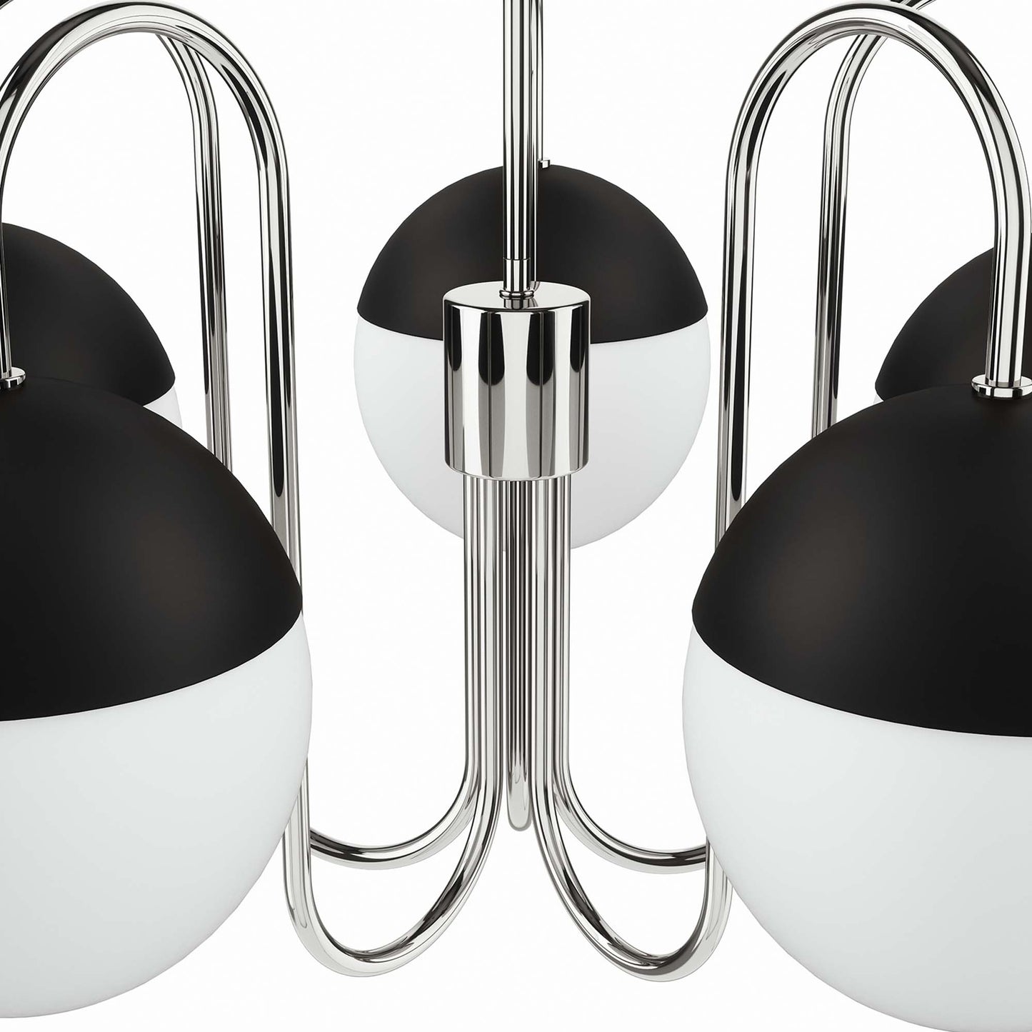 Polished nickel chandelier with curved arms and opal glass globes in a modern style.
