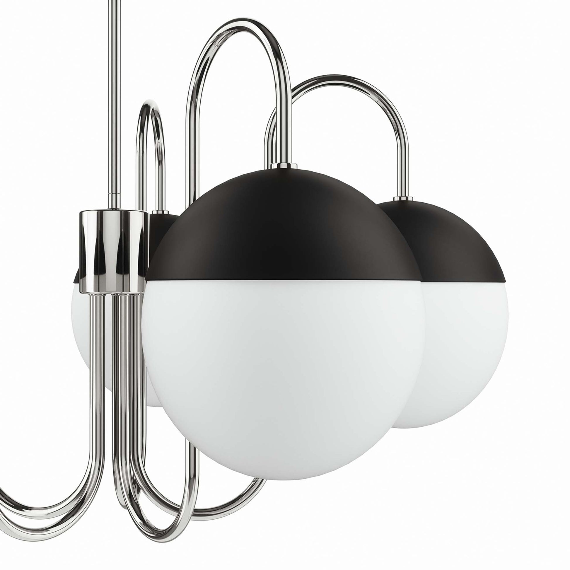 Five-light chandelier with curved arms and opal glass globes in a polished nickel finish.