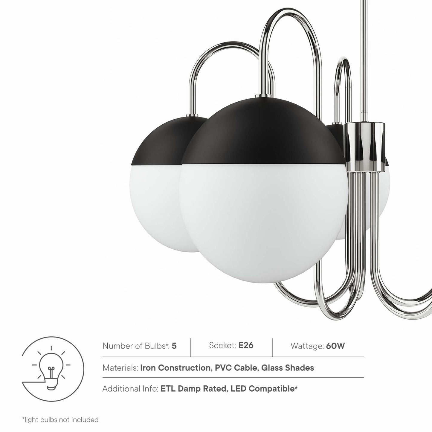 Modern five-globe pendant chandelier with black top halves, white frosted bottoms, polished nickel arches and E26 sockets.