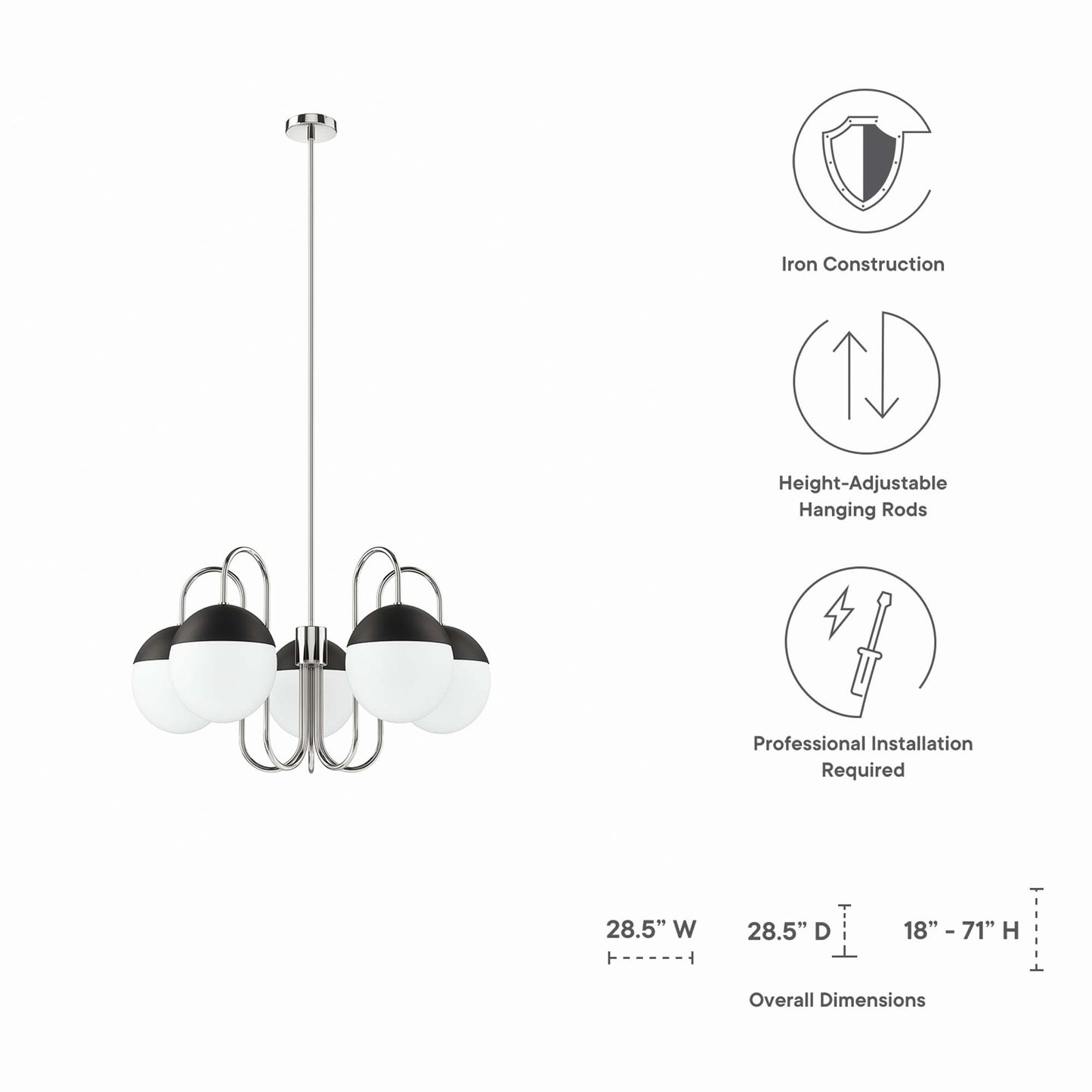 Five-light chandelier with opal glass globes and black caps, polished nickel-finished iron frame, height-adjustable hanging rod.