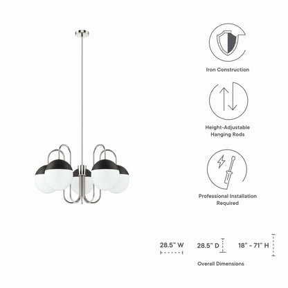 Five-light chandelier with opal glass globes and black caps, polished nickel-finished iron frame, height-adjustable hanging rod.