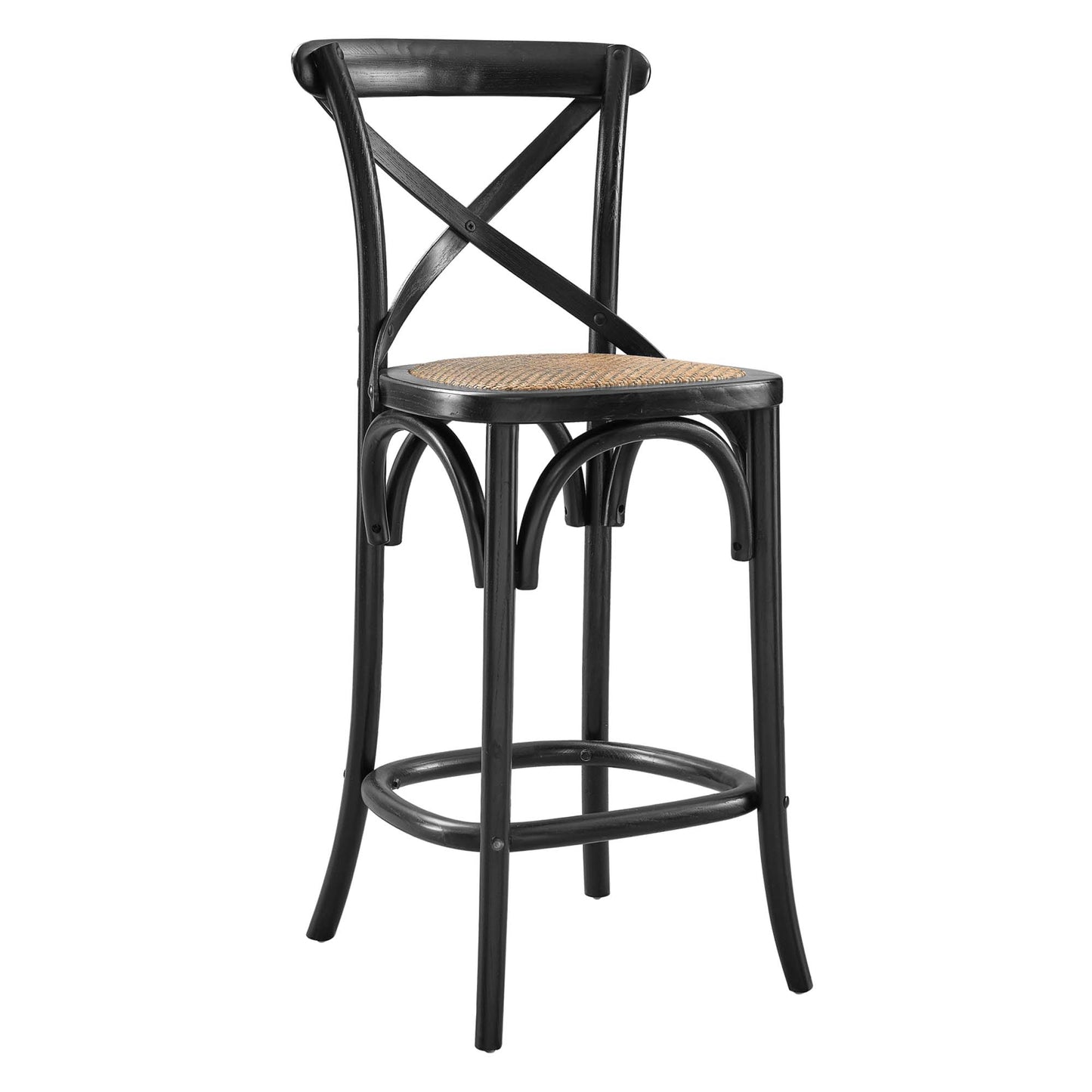 Black counter stool with woven rattan seat, X-back, curved legs and circular footrest.