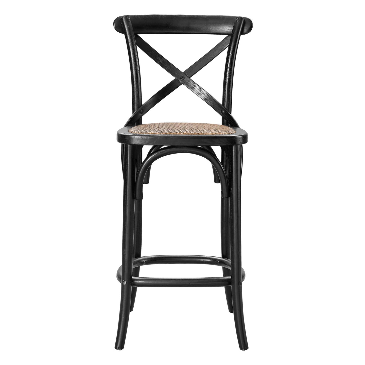 Black counter stool with a woven cane seat, X-back, curved legs, and a footrest.