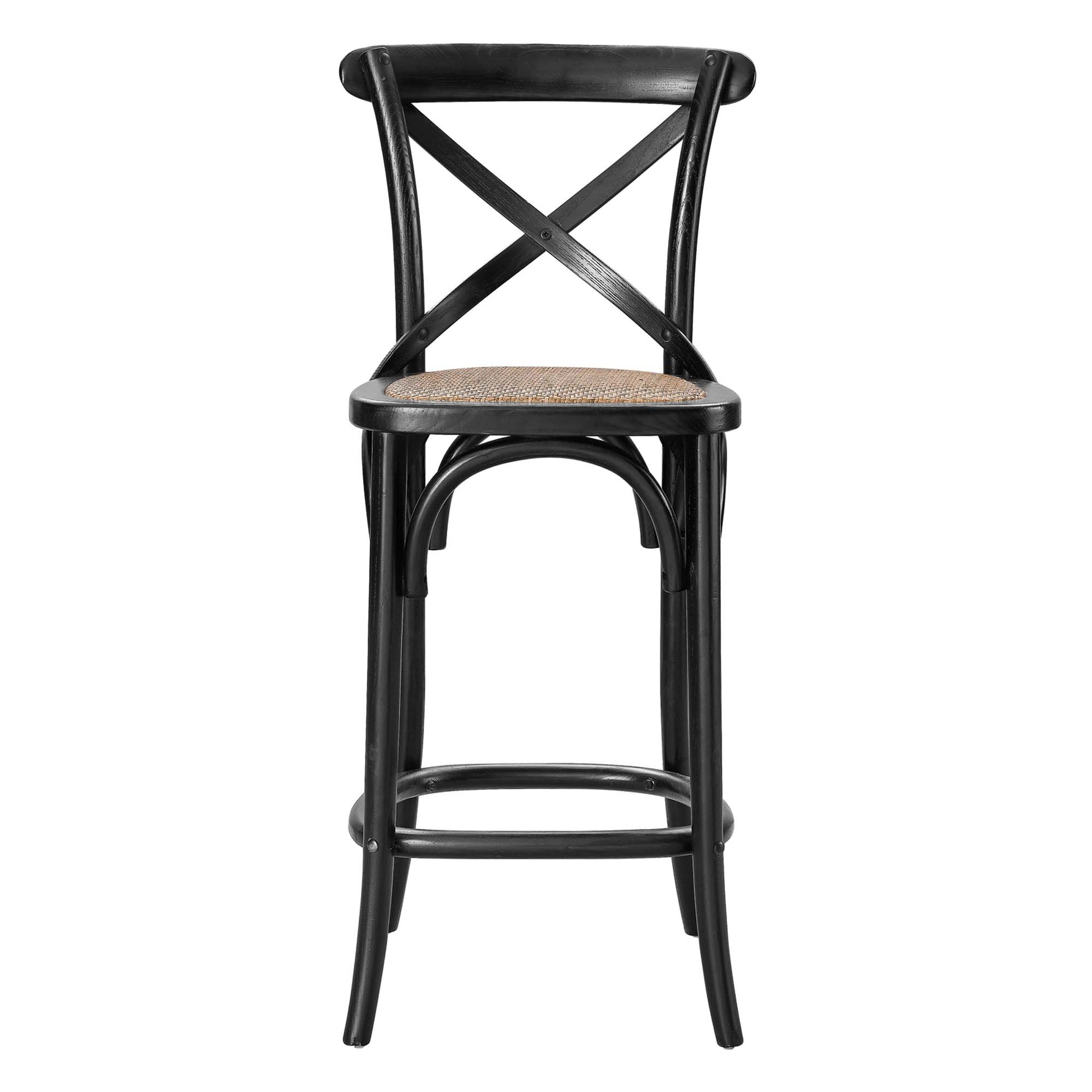 Black counter stool with a woven cane seat, X-back, curved legs, and a footrest.