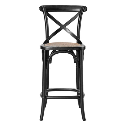 Black counter stool with a woven cane seat, X-back, curved legs, and a footrest.