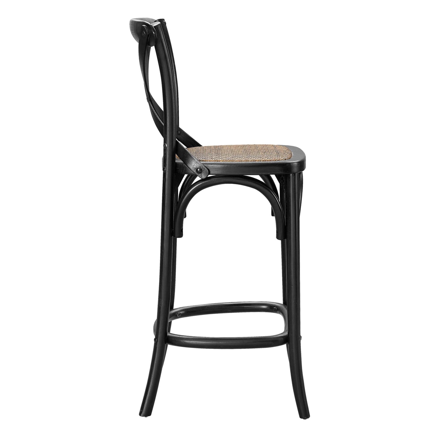 Black metal counter stool with a woven natural cane seat, curved back, and circular footrest.