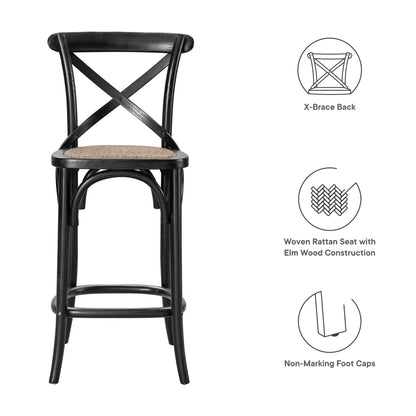 Black X-back counter stool with woven rattan seat and elm wood construction; non-marking foot caps