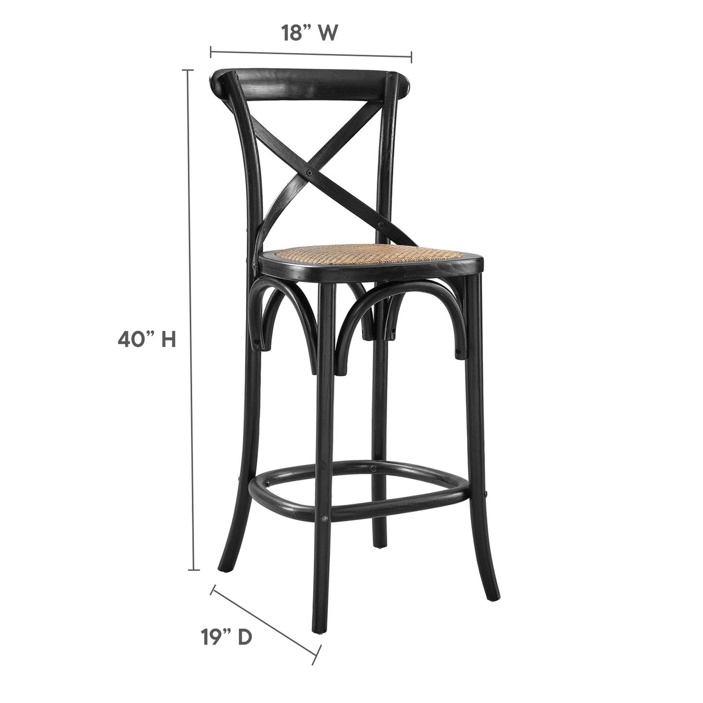 Black counter stool with woven cane seat, X-back design, curved legs, circular footrest, 40in tall, 18in wide.