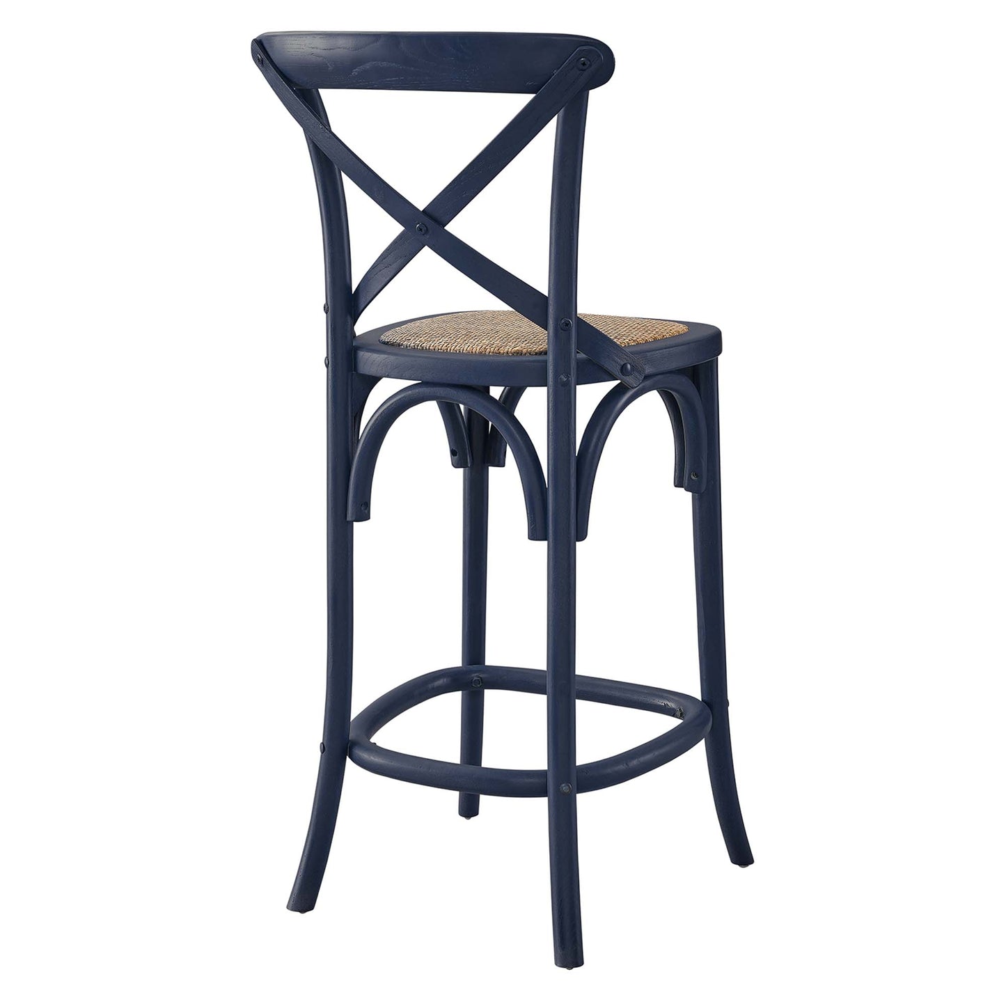 Navy blue metal counter stool with X-back, woven cane seat, and circular footrest.
