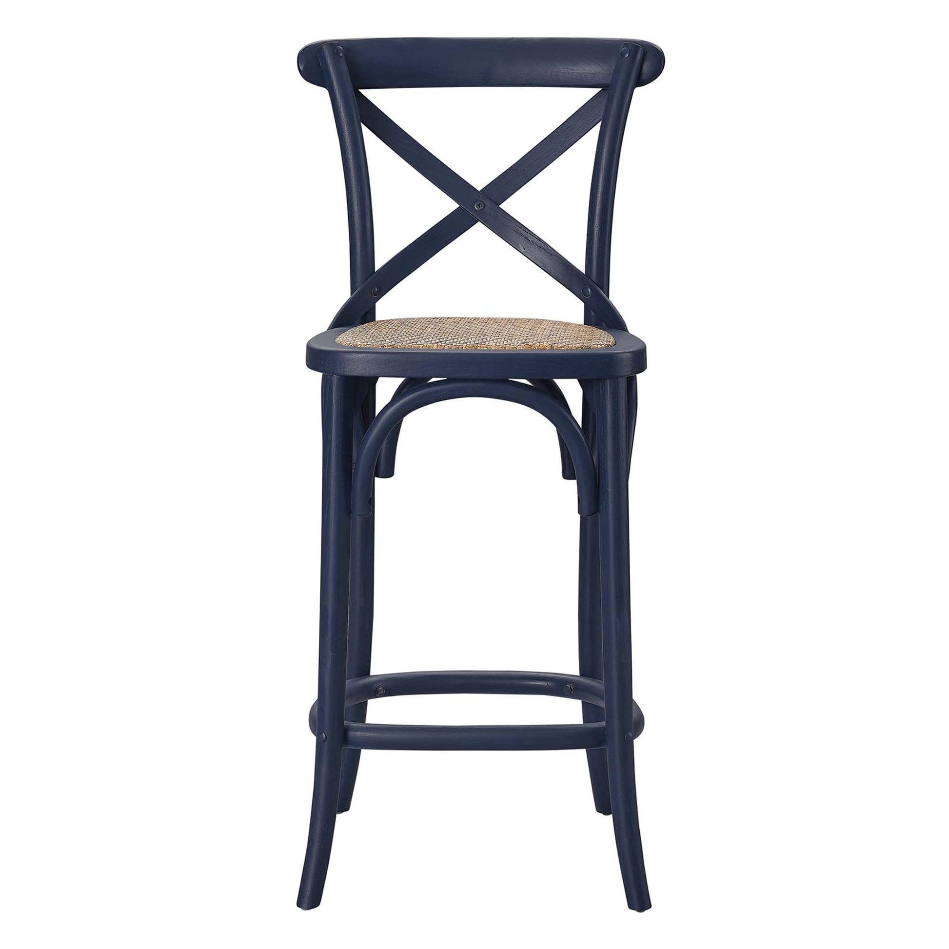 Navy blue cross-back bar stool with woven cane seat, curved legs and a footrest ring.