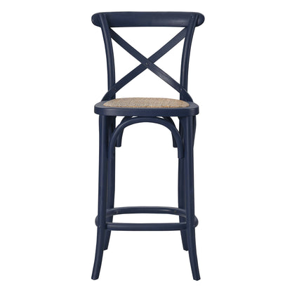 Navy blue cross-back bar stool with woven cane seat, curved legs and a footrest ring.