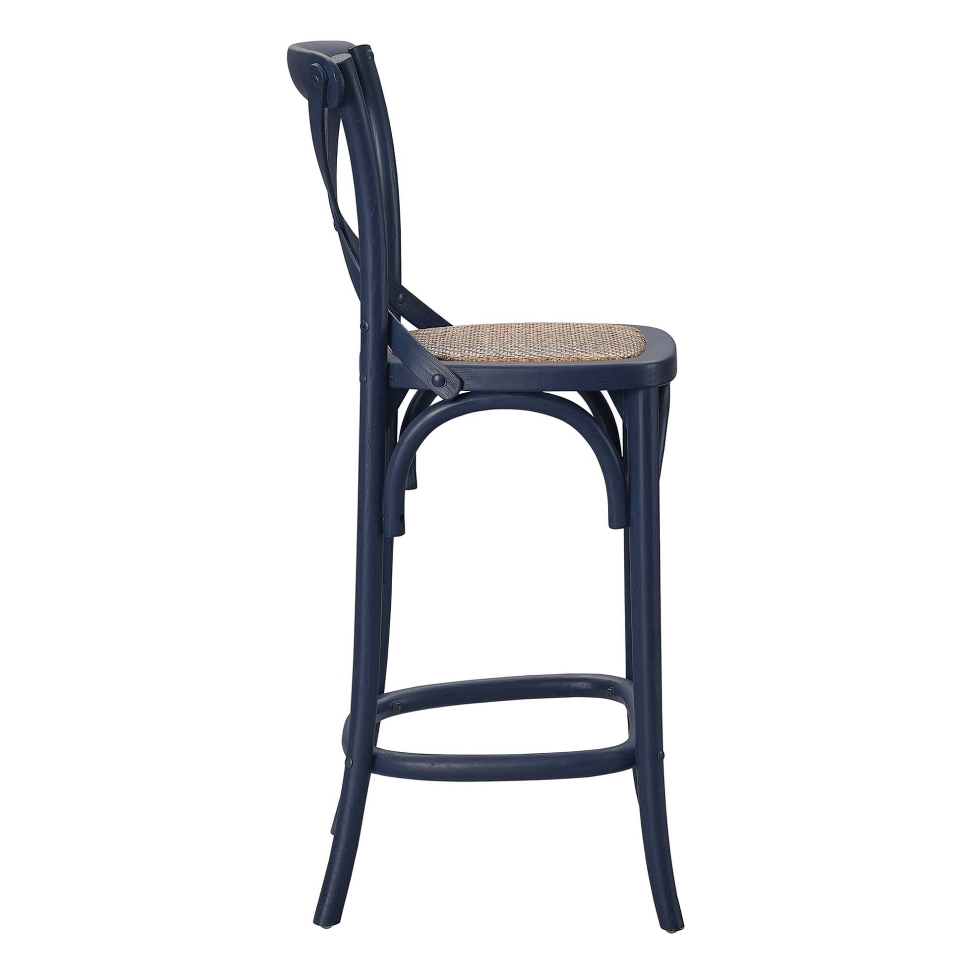 Navy blue metal bar stool with a cane-woven seat, curved back, and round footrest ring.