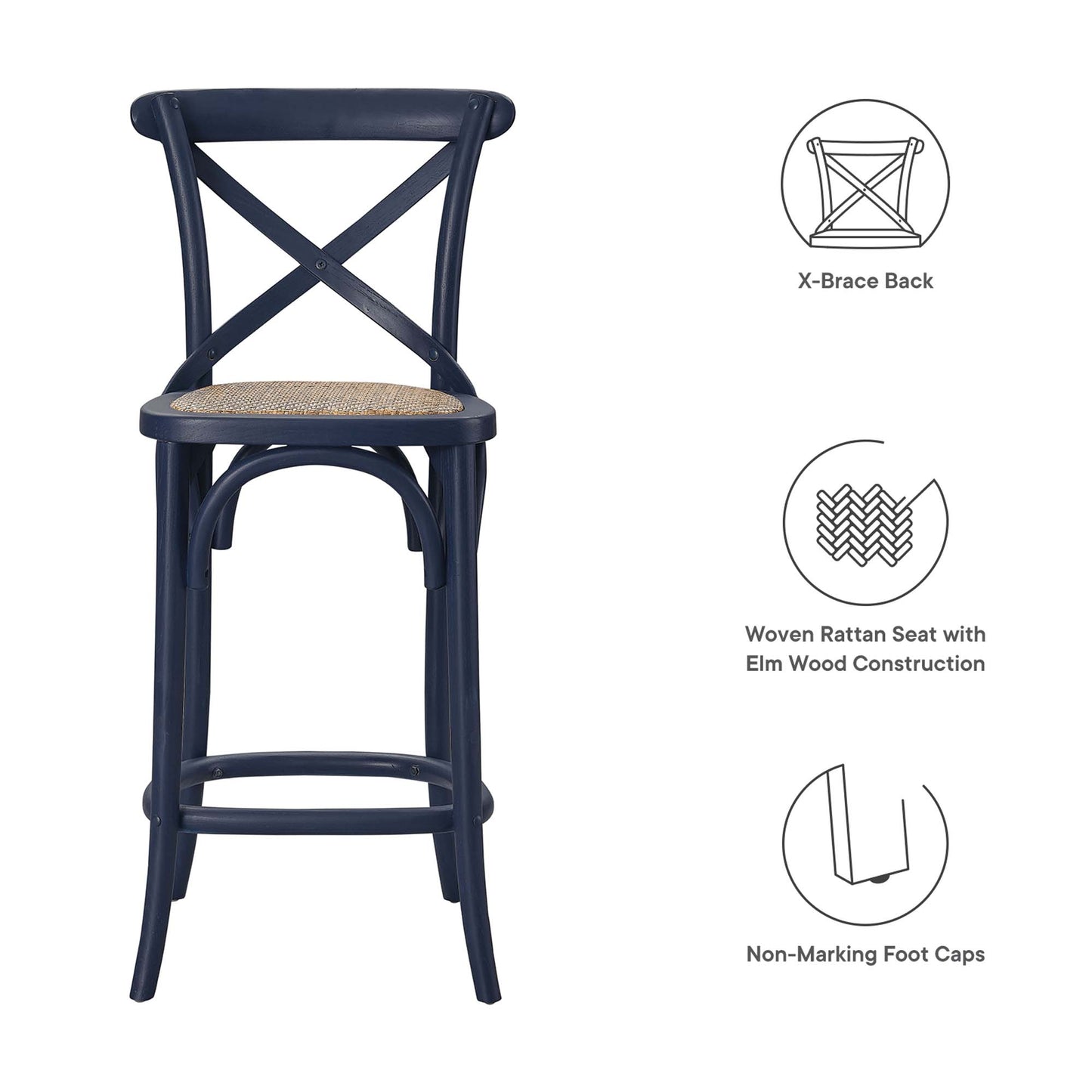 Dark blue X-brace back stool with woven rattan seat and elm wood construction; non-marking foot caps.