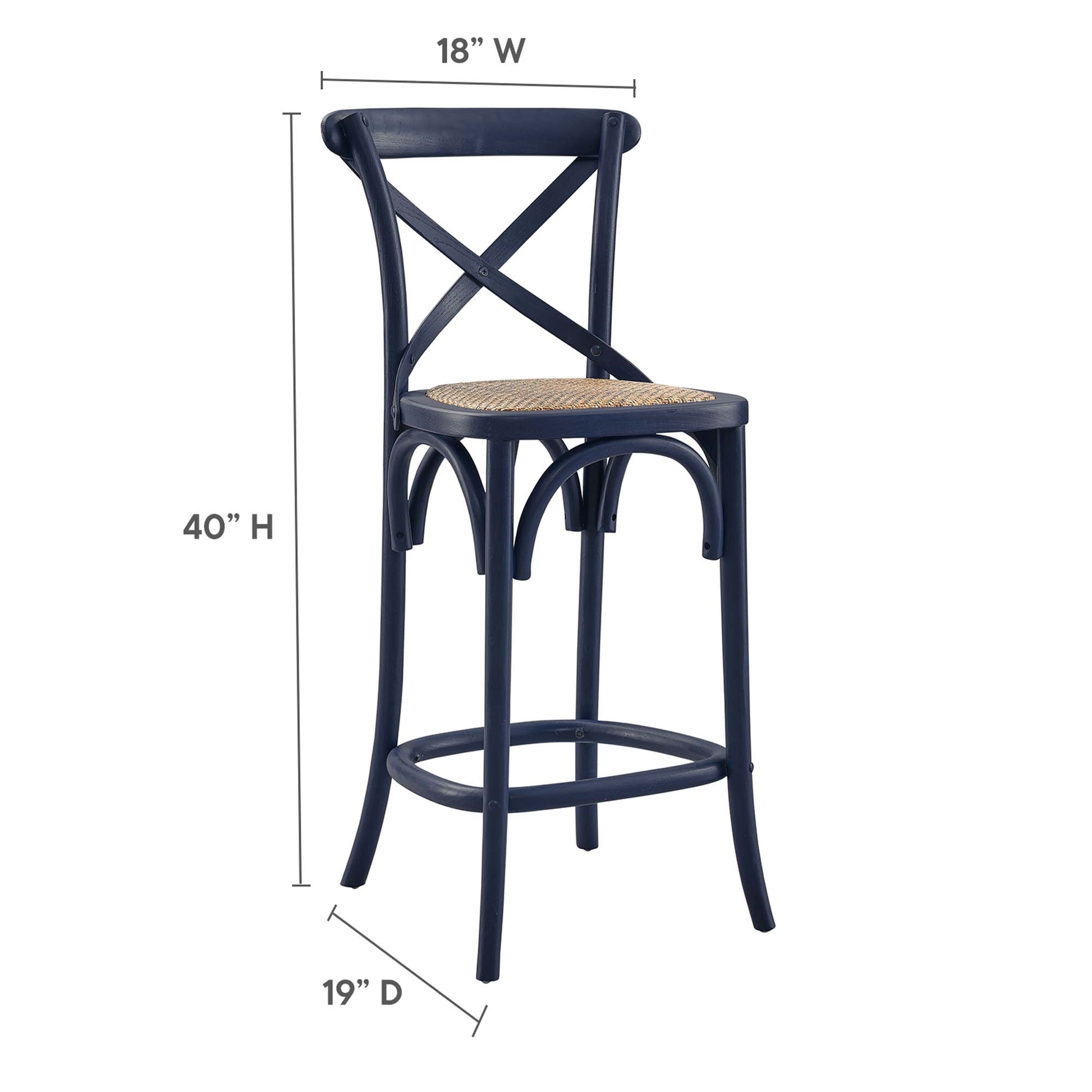 Dark blue metal counter-height bar stool with cross-back, natural woven cane seat, curved legs and circular foot ring.