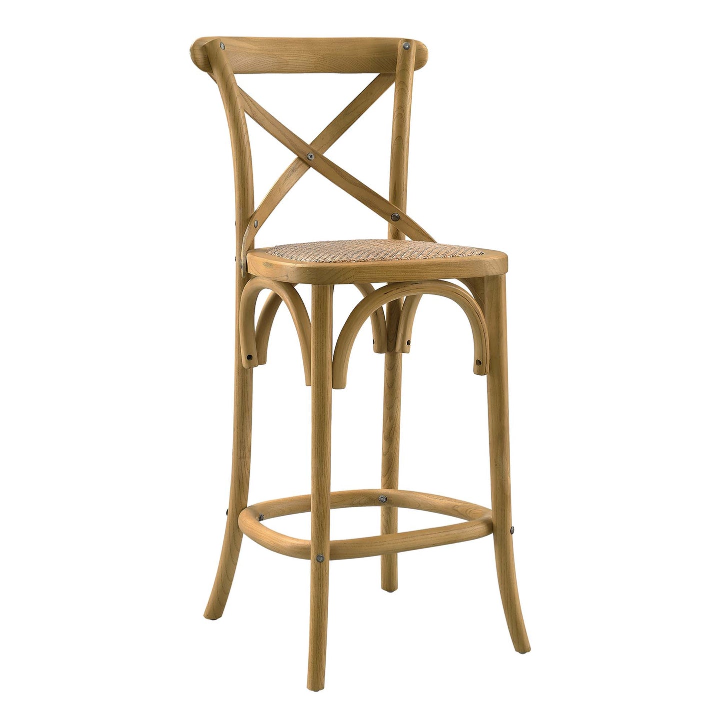 Natural finish wooden counter stool with woven cane seat, curved legs and X-back, rustic cafe style.