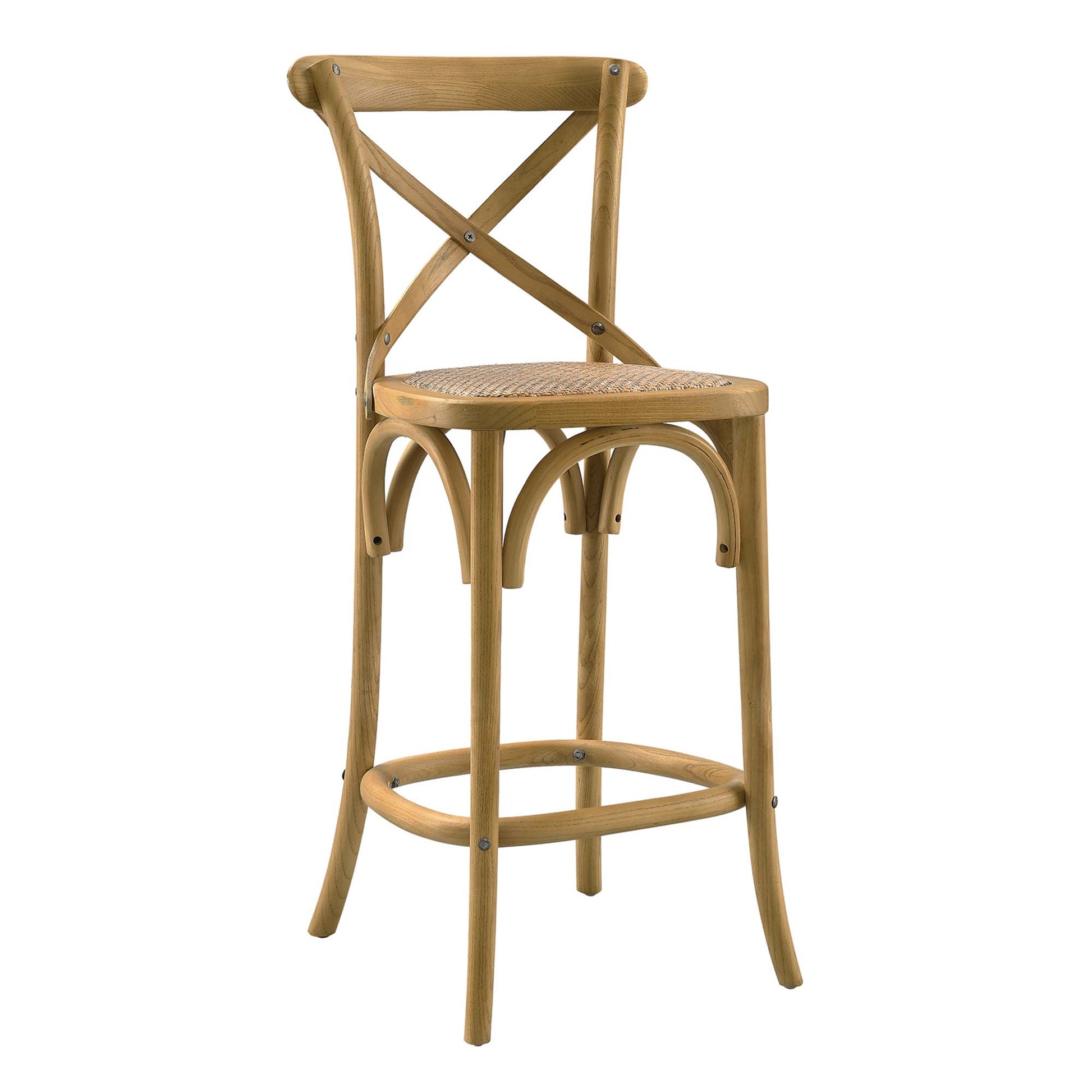 Natural finish wooden counter stool with woven cane seat, curved legs and X-back, rustic cafe style.