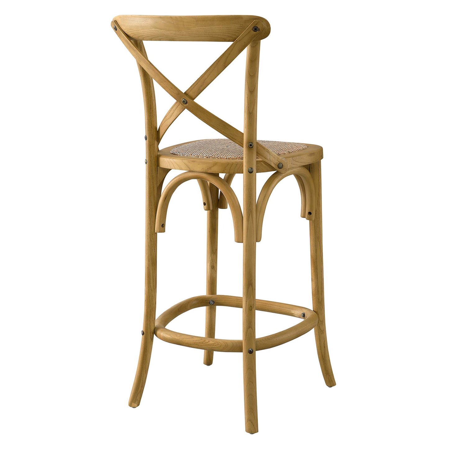 Natural wood counter stool with X-back, woven cane seat, curved legs and circular footrest.