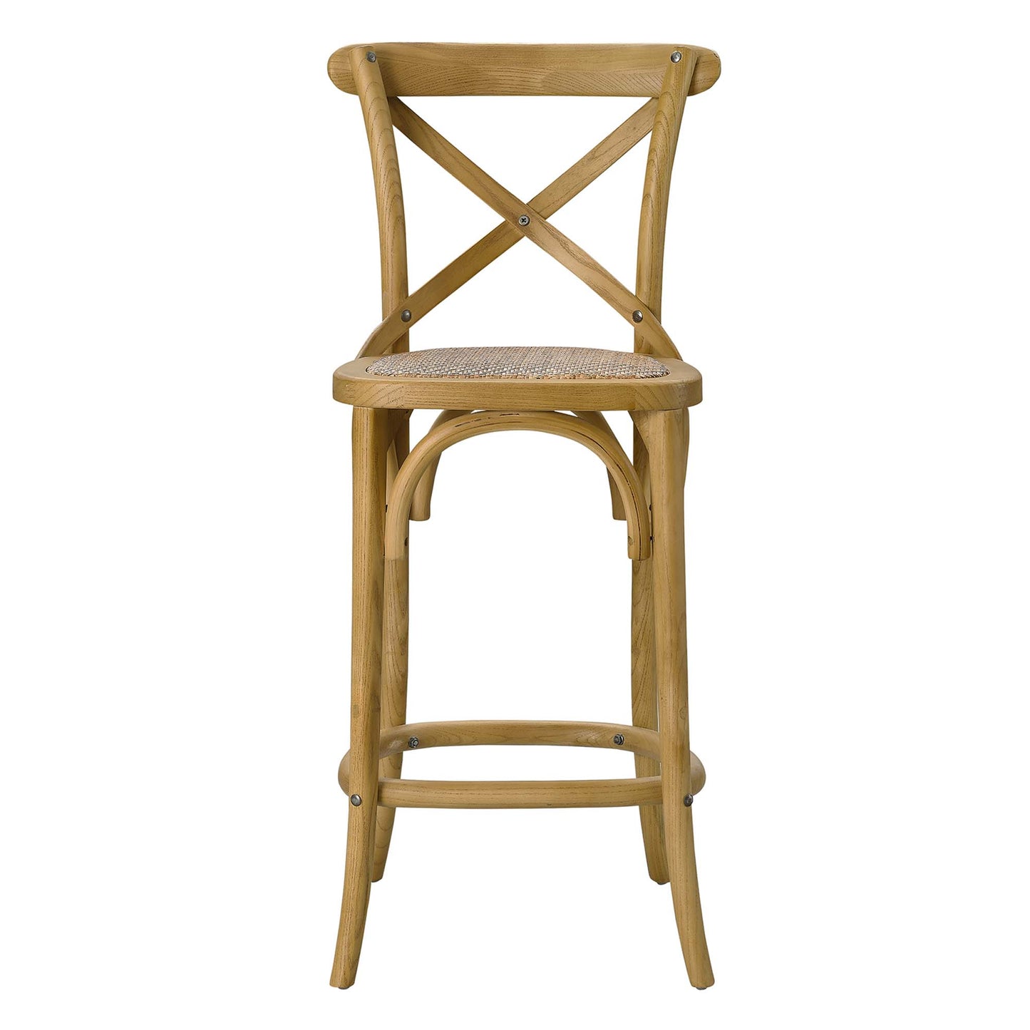 Natural wood counter stool with woven cane seat, X-back, curved supports & footrest; rustic dining seating.
