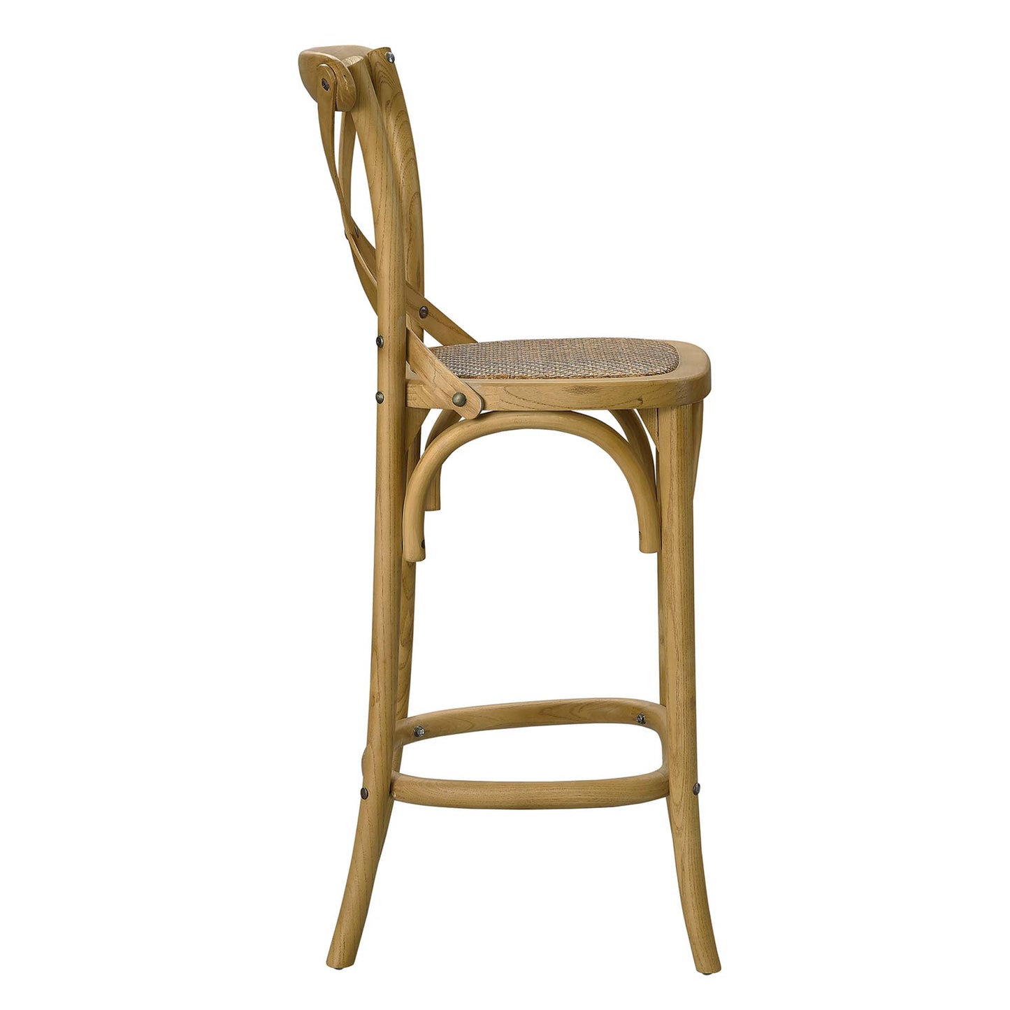 Natural wood counter stool with woven cane seat, curved bentwood legs, round footrest, and slender backrest.