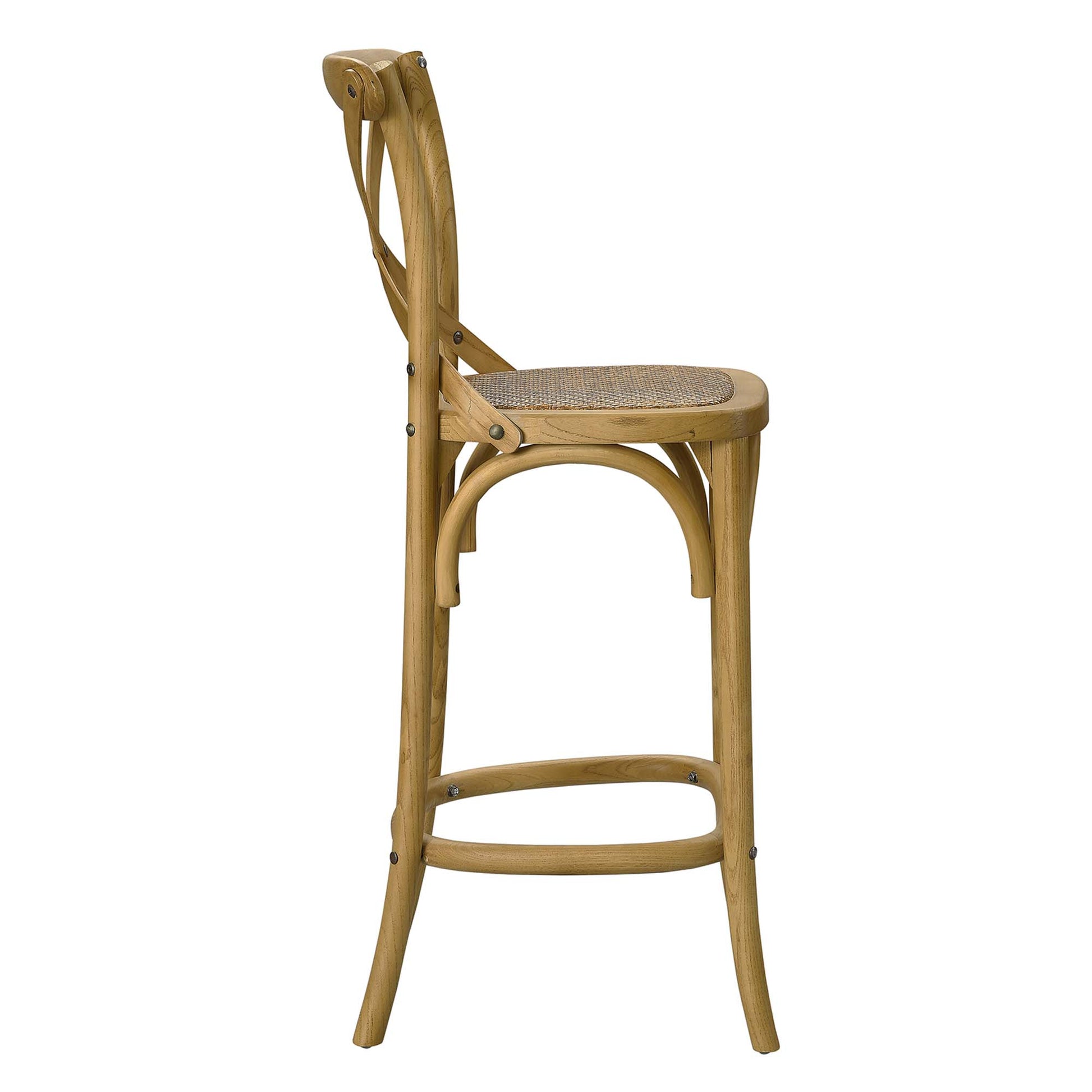 Natural wood counter stool with woven cane seat, curved bentwood legs, round footrest, and slender backrest.
